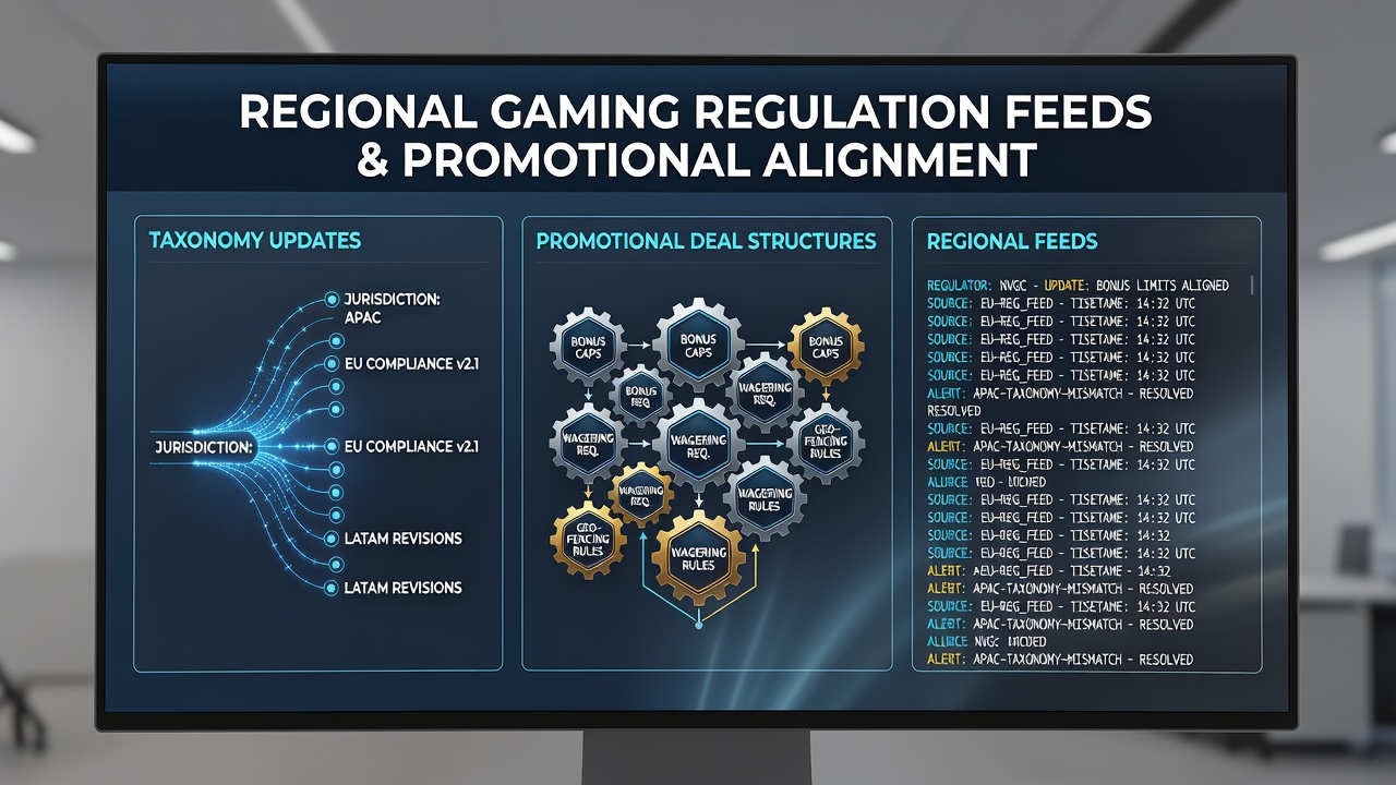 Taxonomy hierarchies organizing promotional structures alongside regulatory data feeds for gaming compliance