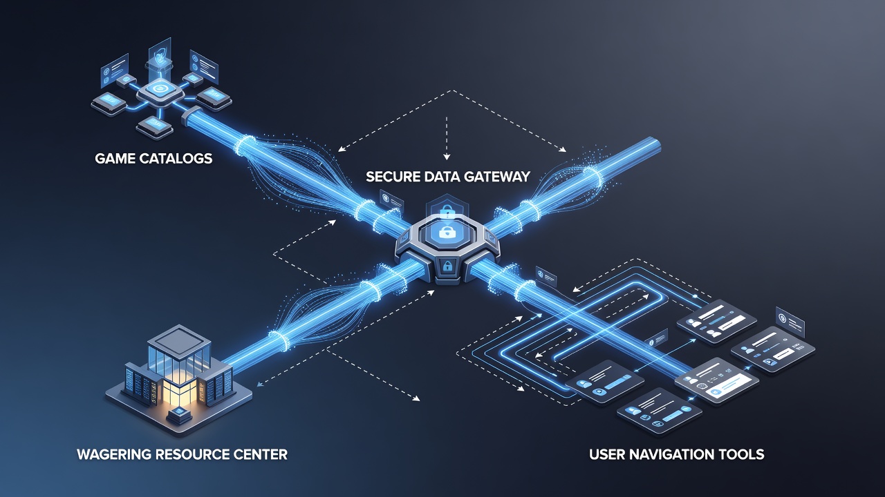 Secure data architecture diagram showing encrypted connections between game catalog databases and user navigation interfaces in a wagering resource center