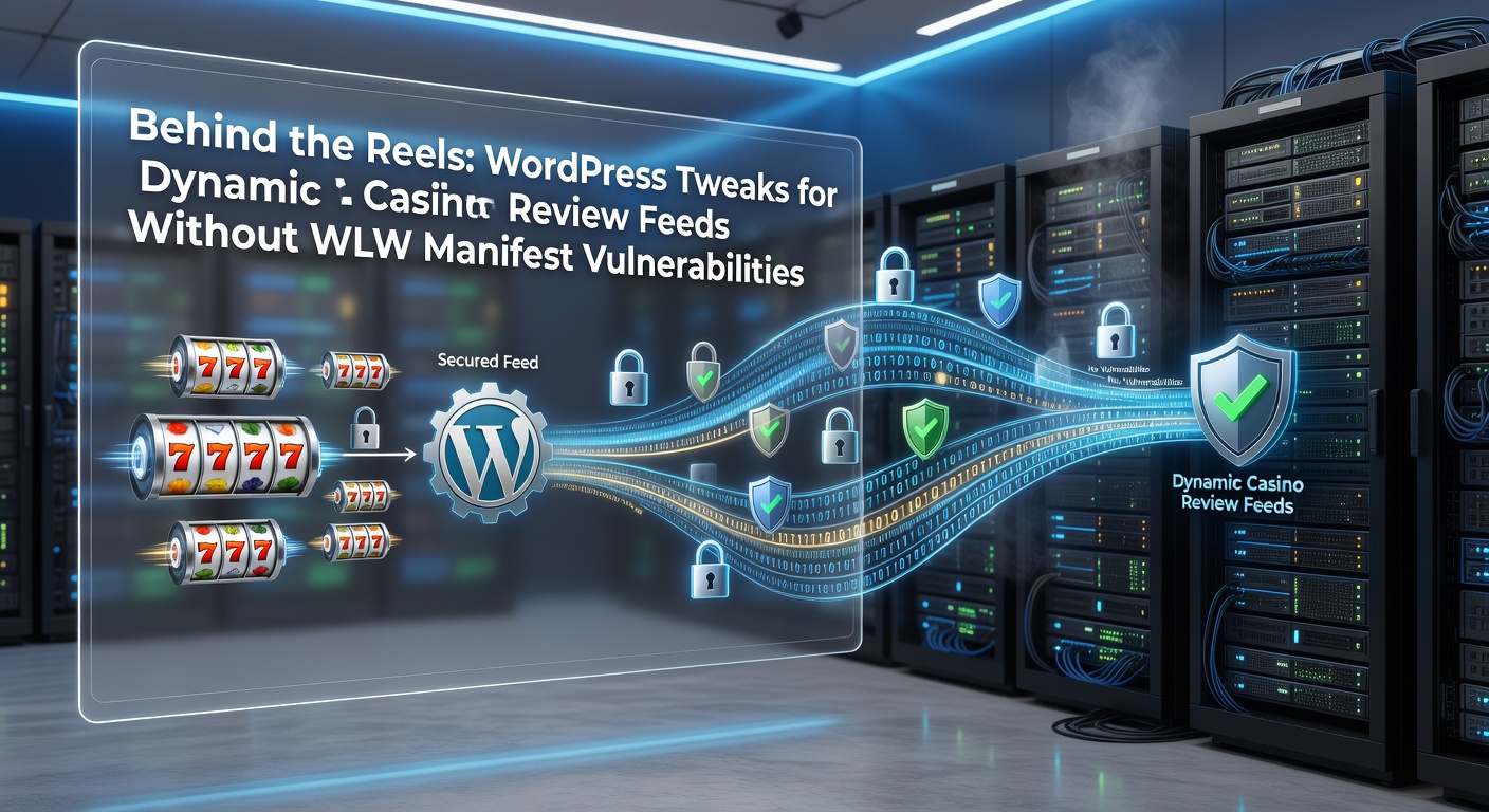 WordPress dashboard showing custom RSS feed configuration for casino reviews, with security plugins active and vulnerability scans passing