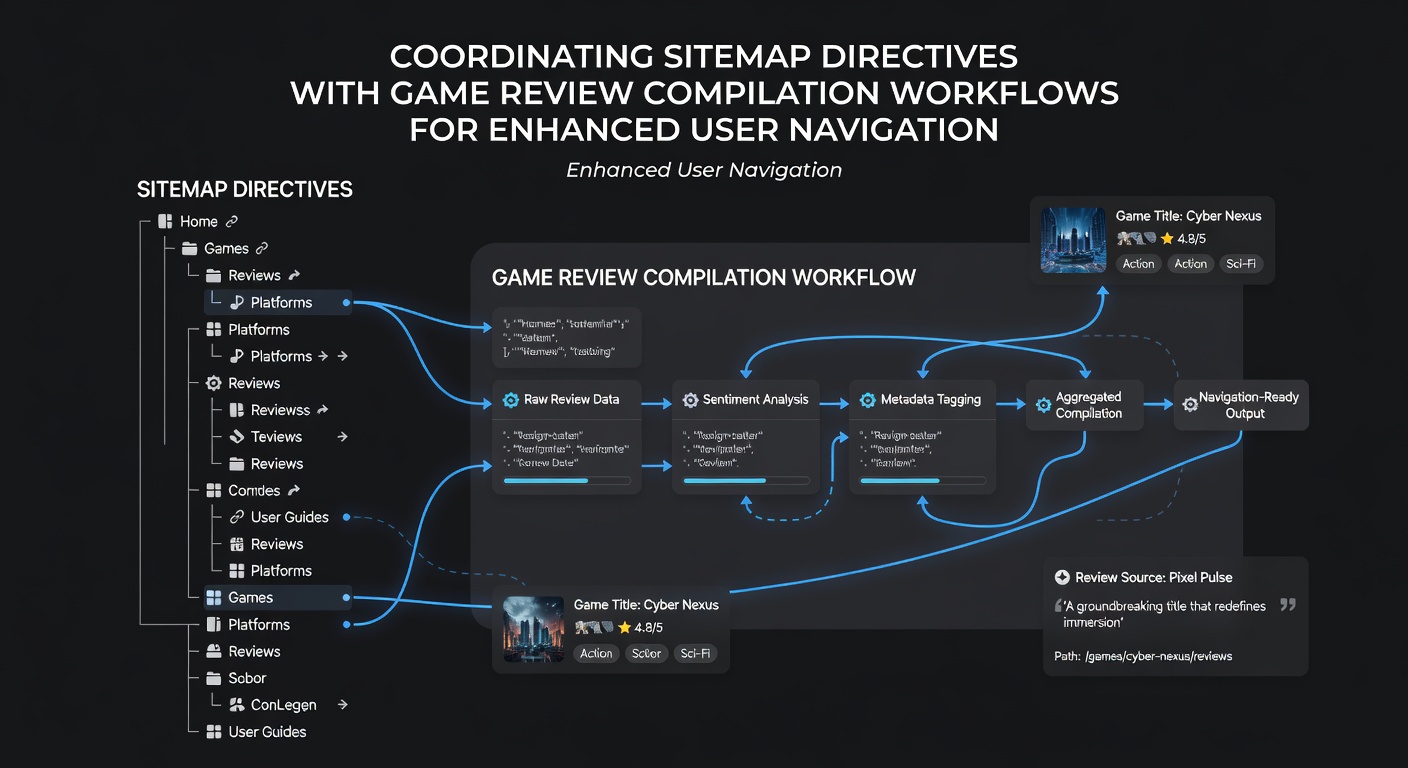 Workflow diagram connecting sitemap updates to game review publishing steps in an online wagering content system