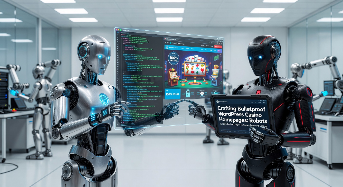 WordPress dashboard showing robots.txt configuration for a casino homepage, highlighting bot management tools and security settings