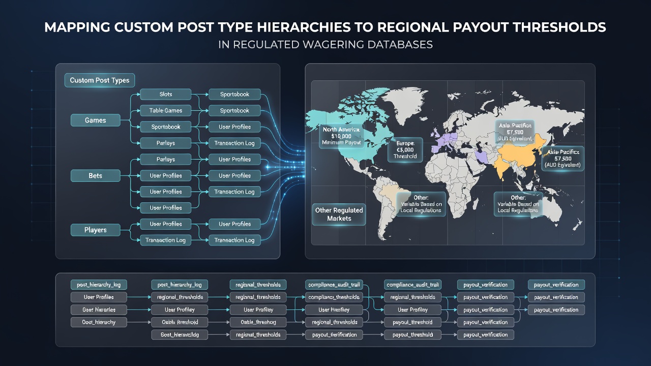 Flowchart illustrating how custom post type hierarchies connect to regional payout data in wagering databases