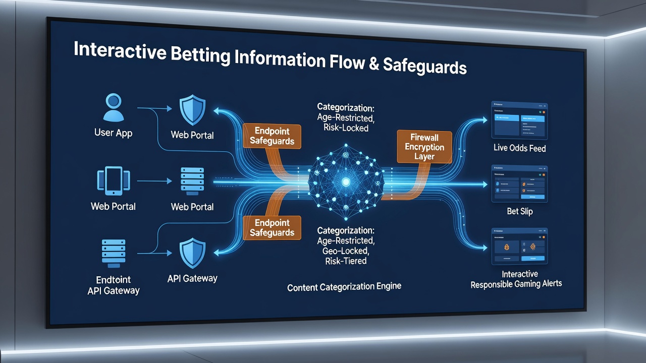 Flowchart illustrating how categorized betting content routes through protected API endpoints in interactive wagering hubs
