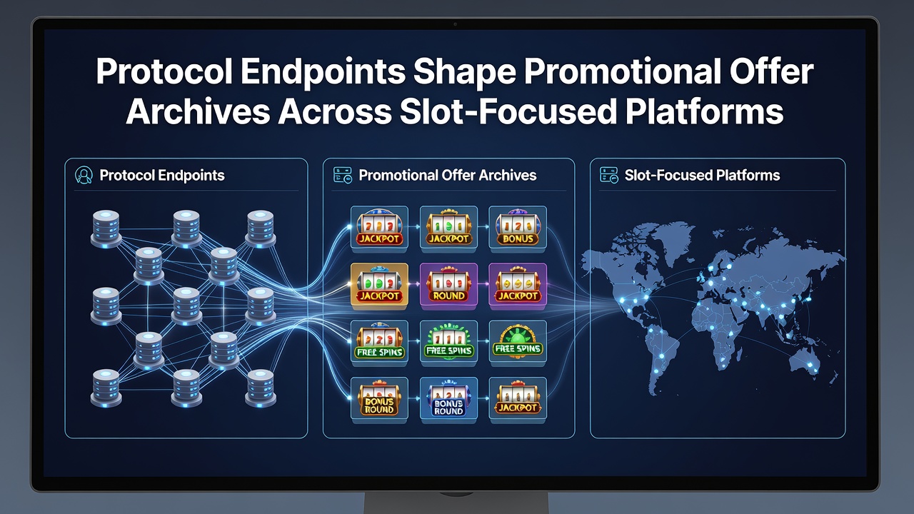Flowchart illustrating how endpoints link promotional offer archives with slot game catalogs and regulatory filters