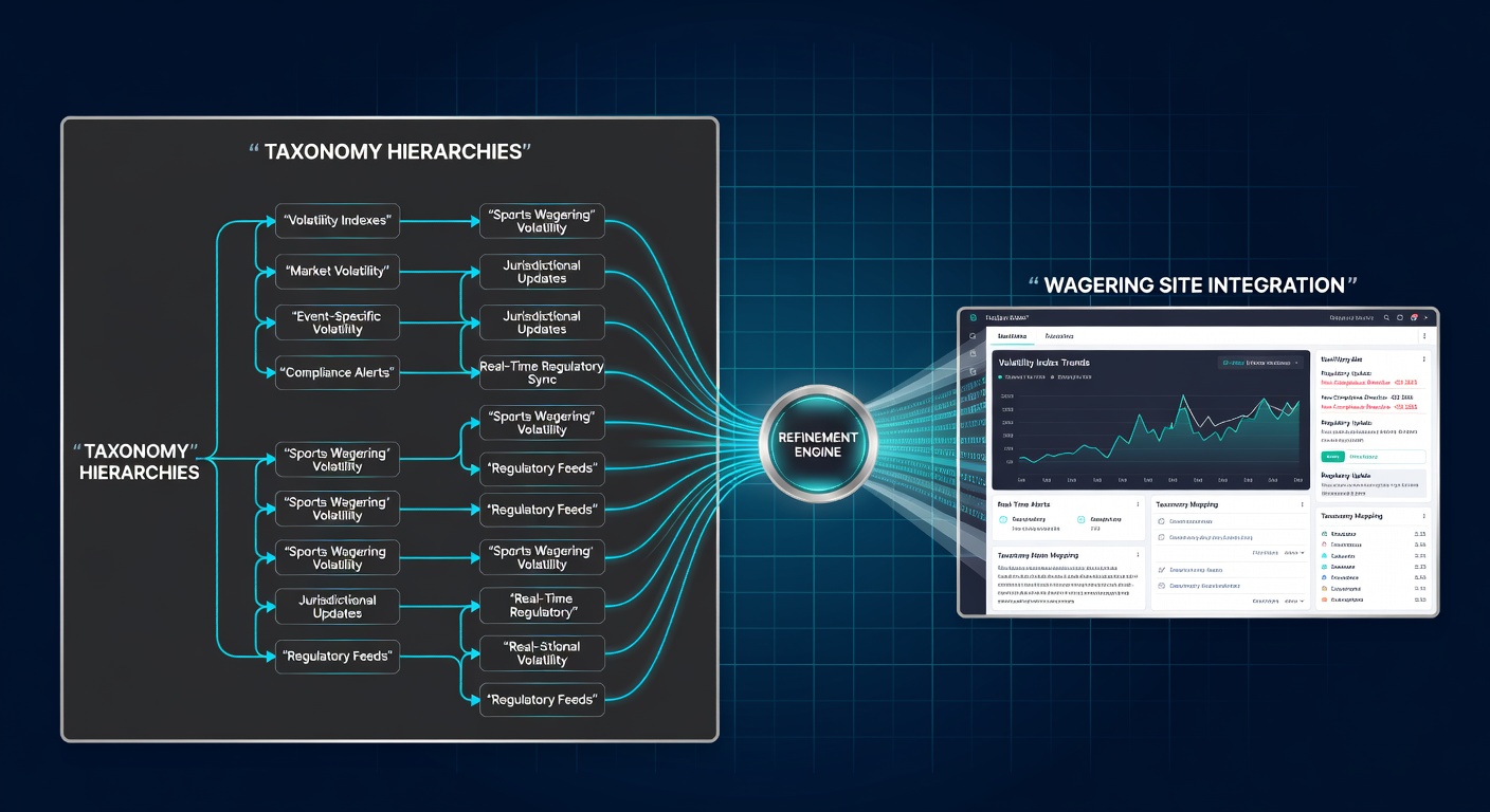 Taxonomy structure diagram showing volatility indexes linked to regulatory categories in a wagering site database