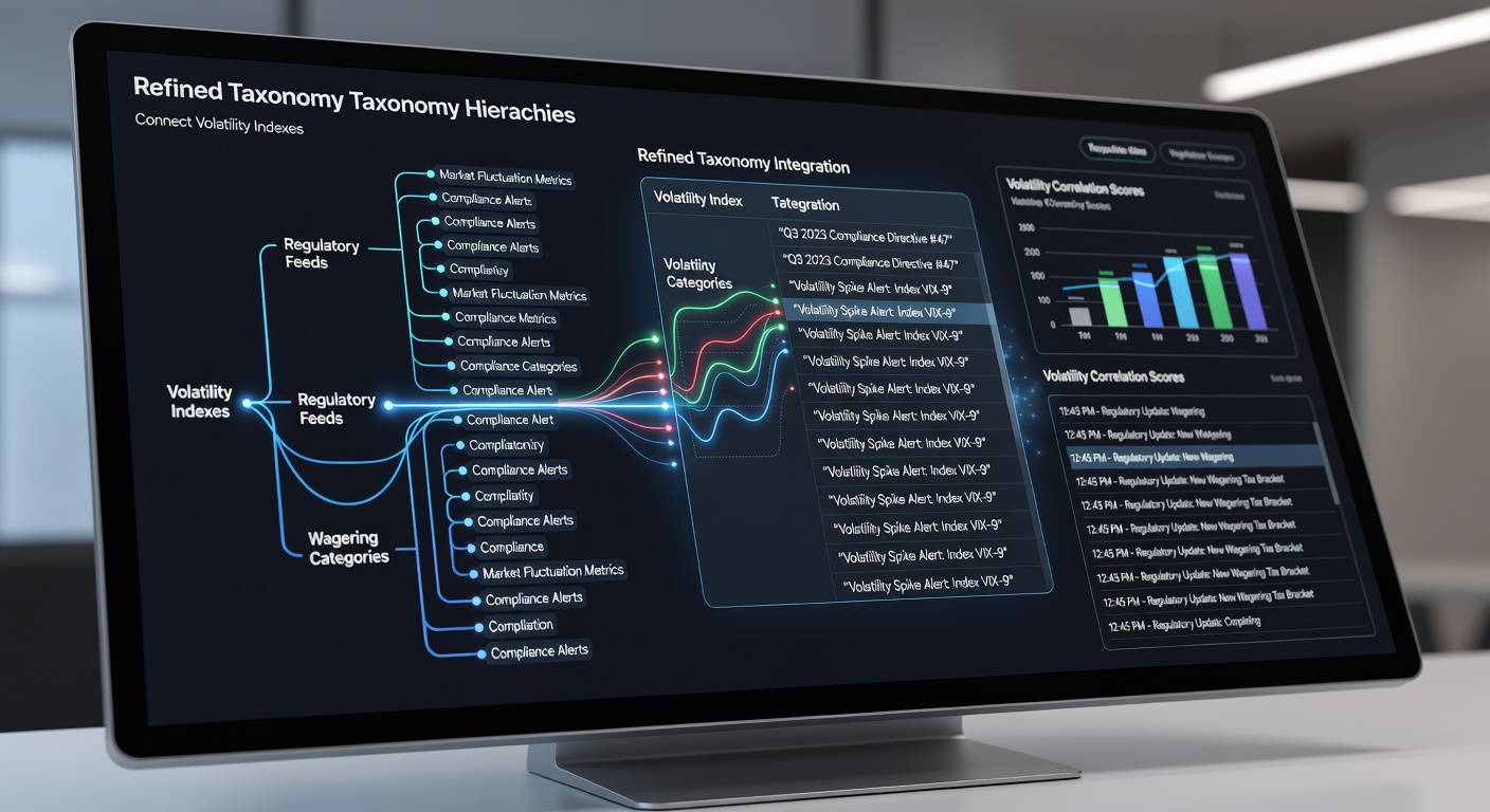 Screenshot of wagering site backend showing refined taxonomy tree connecting volatility data fields to regulatory feed inputs