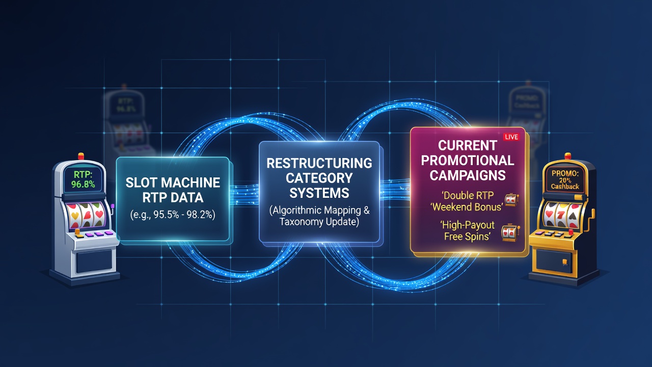 Diagram showing category taxonomy restructuring that connects slot RTP percentages to active promotional offers on a wagering platform dashboard