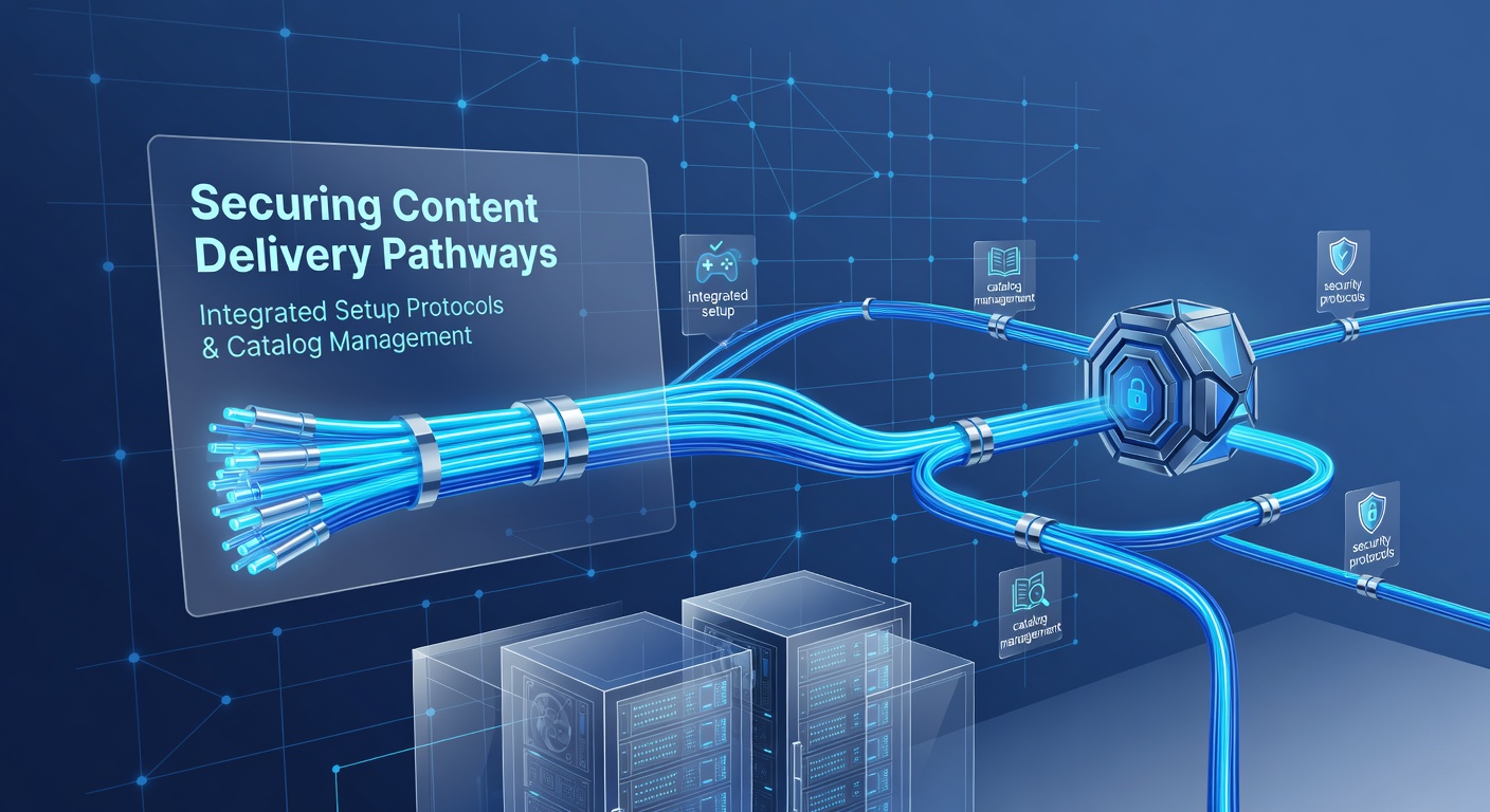 Digital gaming platform interface showing secure content delivery network architecture with encrypted pathways and catalog management dashboards