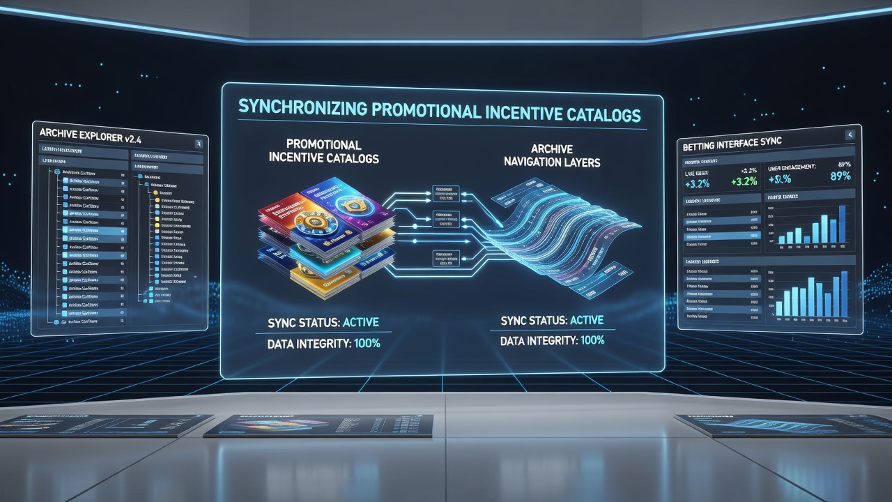Illustration of archive navigation layers syncing with promotional catalogs on a virtual betting site interface