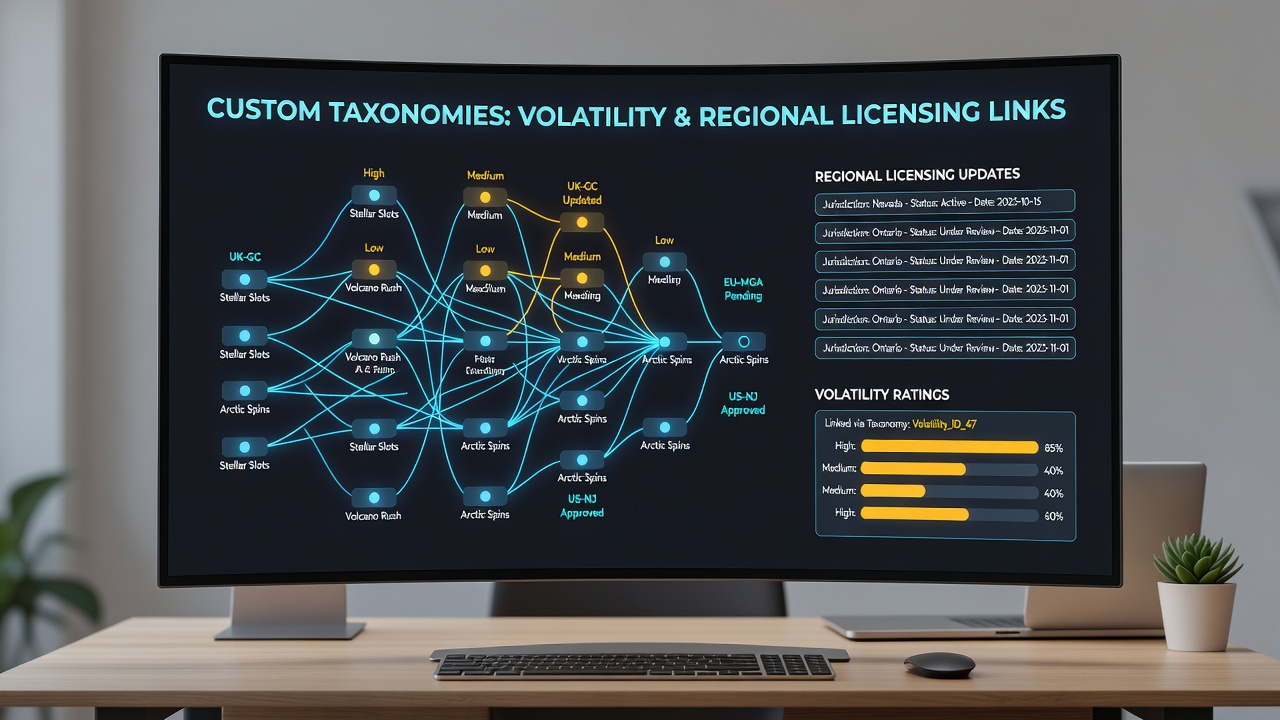 Illustration of custom taxonomy structure connecting game volatility metrics with licensing data feeds in a gaming database interface
