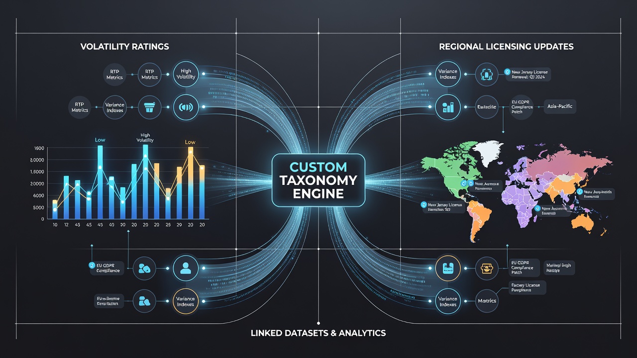 Database dashboard showing taxonomy terms linking volatility ratings to regional licensing status updates