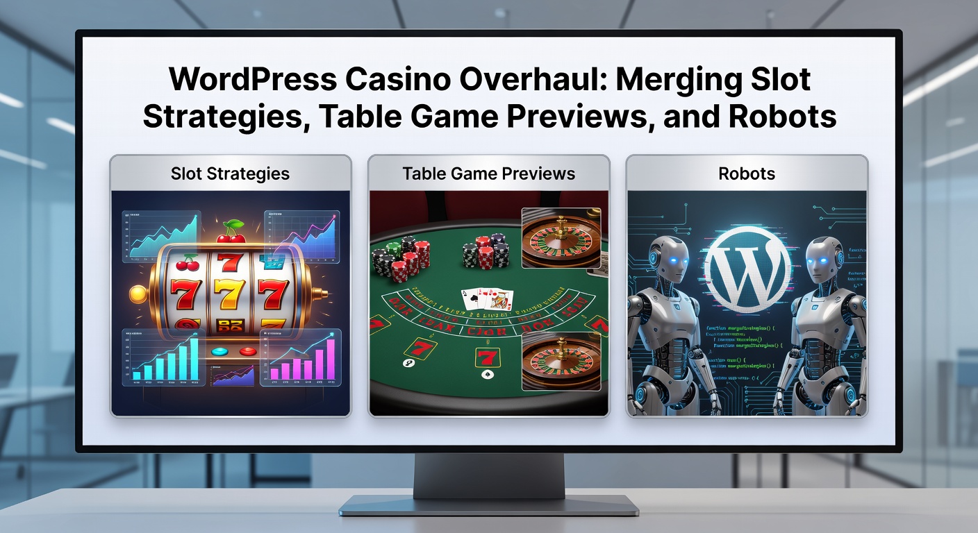 Screenshot of a WordPress casino page featuring slot strategy infographics alongside table game preview videos and AI chatbot interface